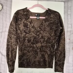 Wool Brown Floral V-Neck Sweater